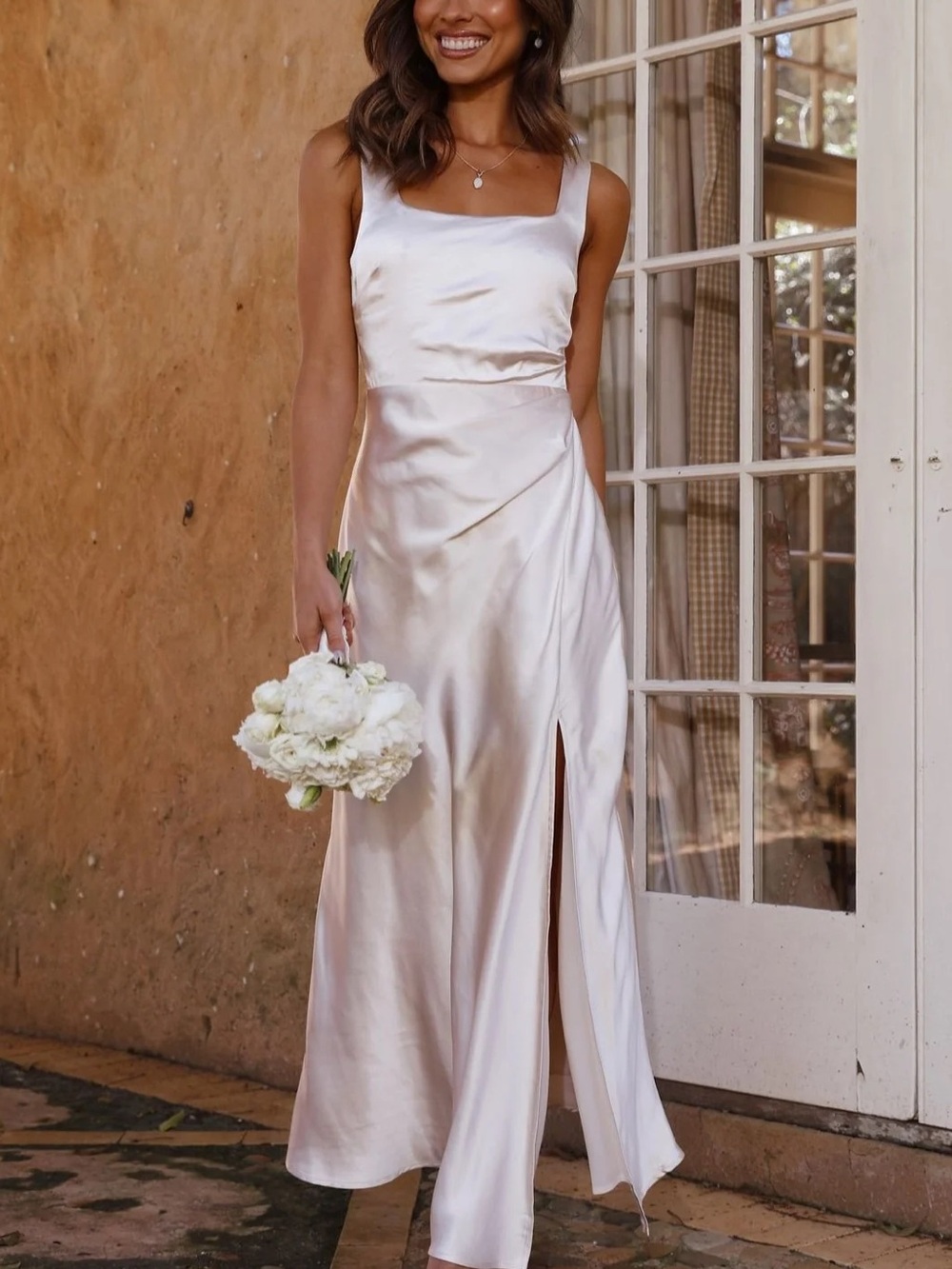 Billy J Alaria Satin Square-Neck Maxi Dress in Champaign